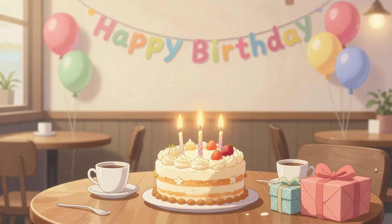 A heartwarming birthday celebration scene in a cozy cafe, an...