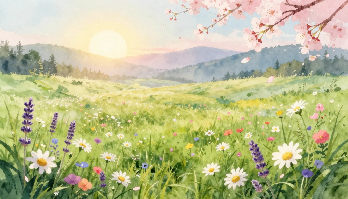 A beautiful watercolor painting of a lush meadow at dawn. Vi...