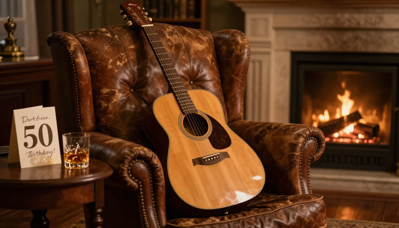 A warm, nostalgic scene featuring a vintage acoustic guitar ...
