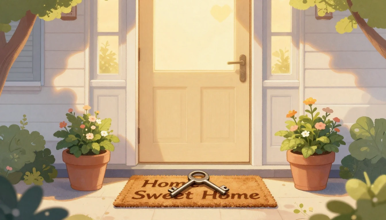 A warm and inviting illustration of a front door of a charmi...