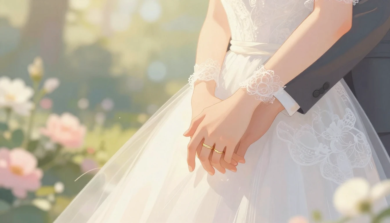 A soft and romantic close-up illustration of a bride and gro...