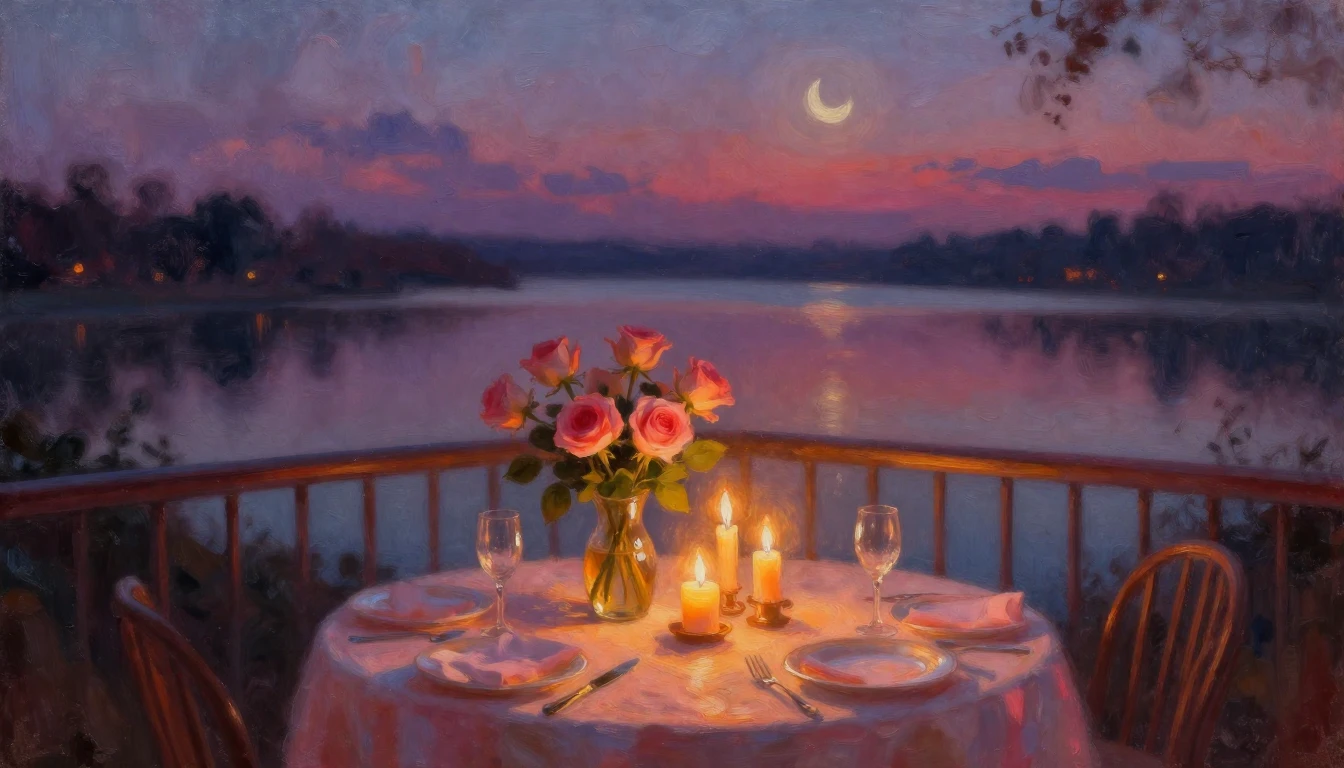 An impressionist oil painting of a cozy, candlelit dinner se...