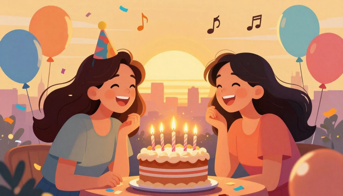 A vibrant and festive illustration of two best friends laugh...