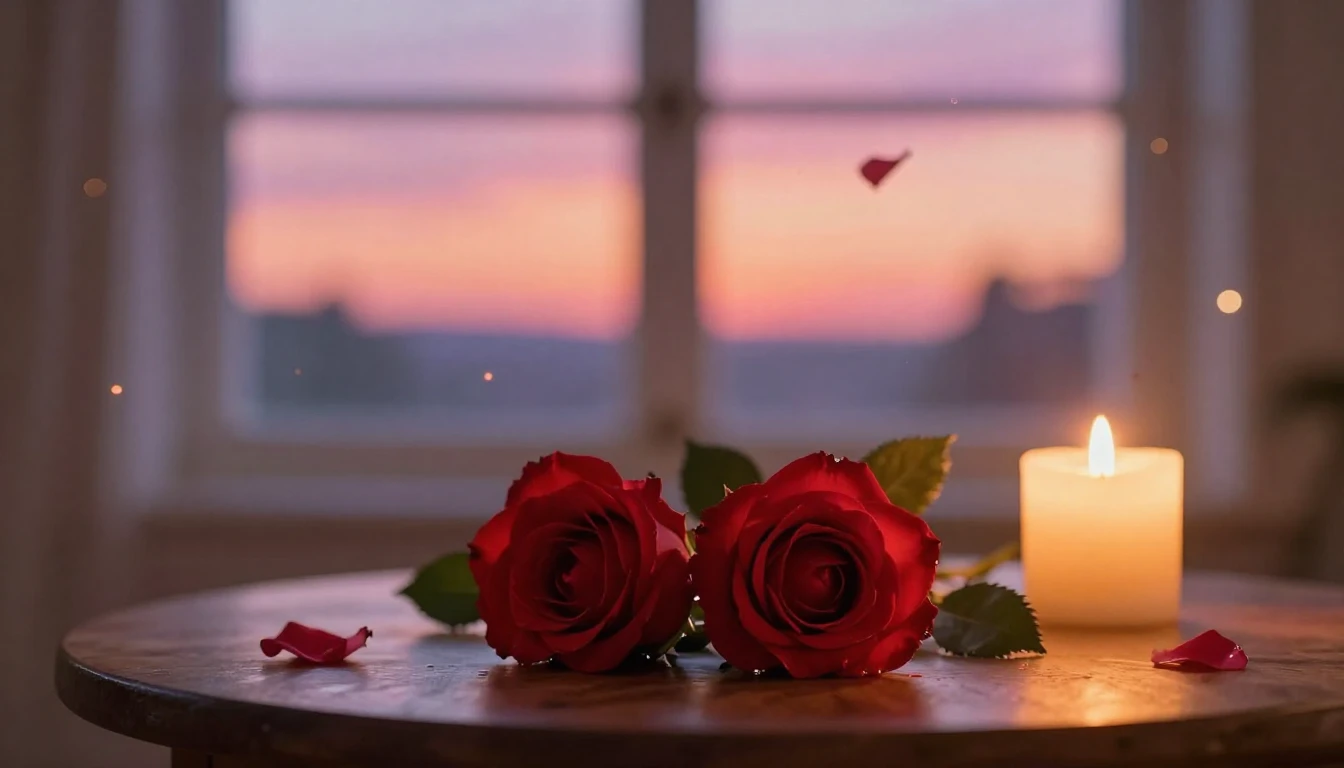 A beautiful and delicate scene featuring two intertwined red...