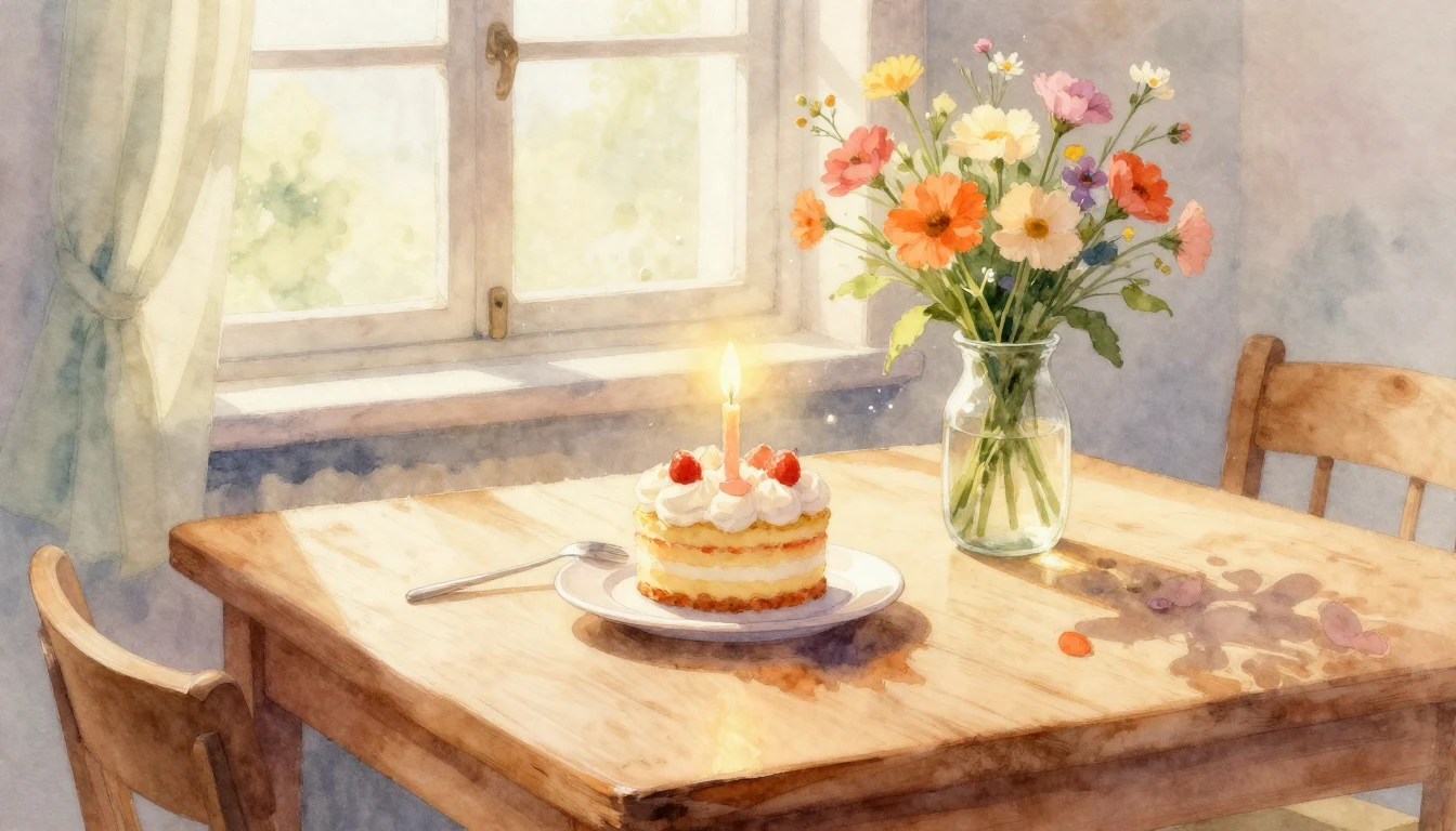 A beautiful watercolor painting of a cozy wooden table decor...