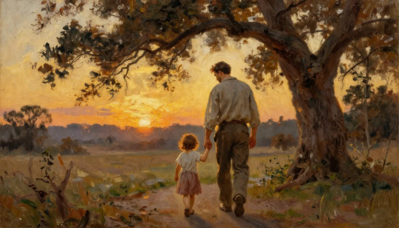 A heartwarming oil painting of a father and a child walking ...