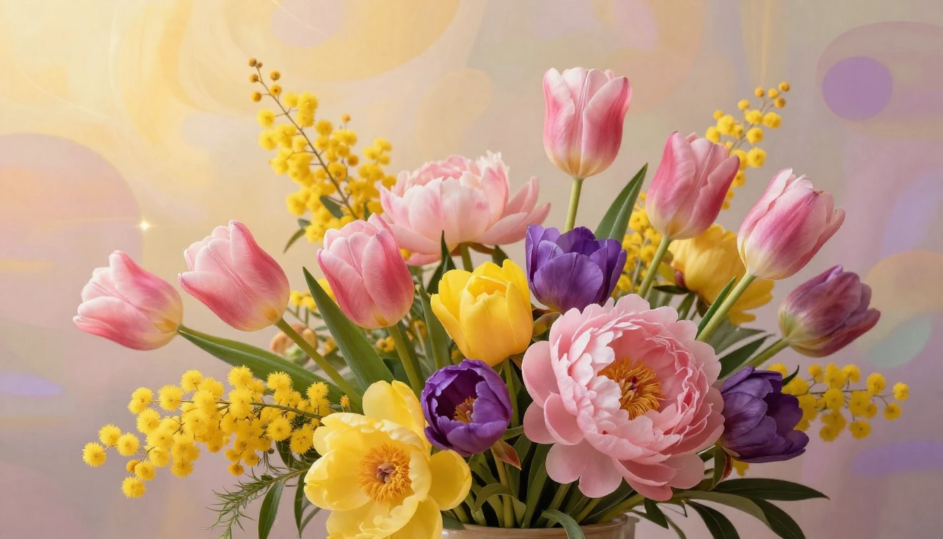 A vibrant and artistic composition featuring a lush bouquet ...