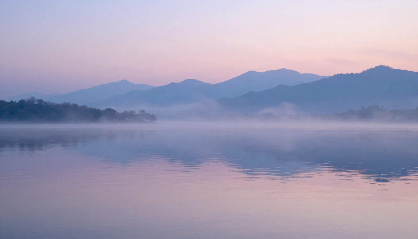 A serene landscape featuring a calm lake reflecting a soft, ...
