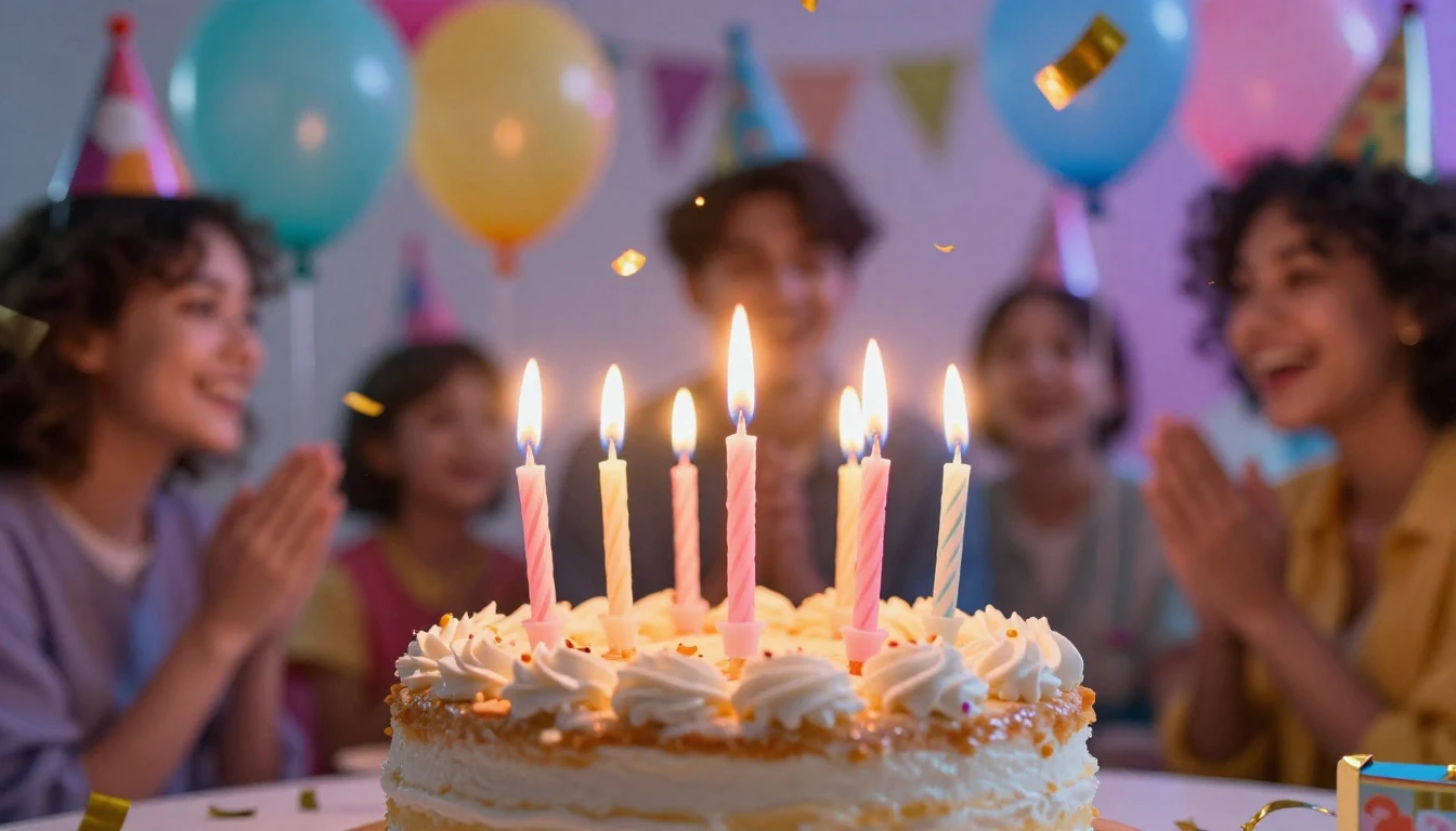 A vibrant and festive birthday celebration scene, close-up o...