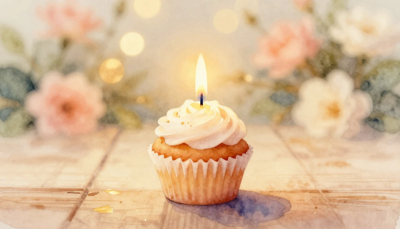 A soft watercolor painting of a single lit candle on a small...