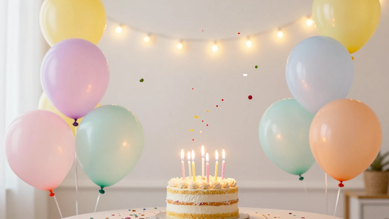 A vibrant celebration setup with colorful pastel balloons, s...