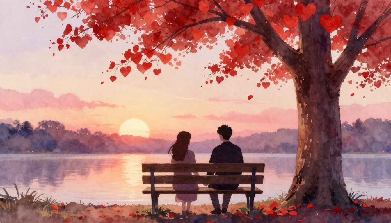 A romantic watercolor painting showing a silhouette of a cou...