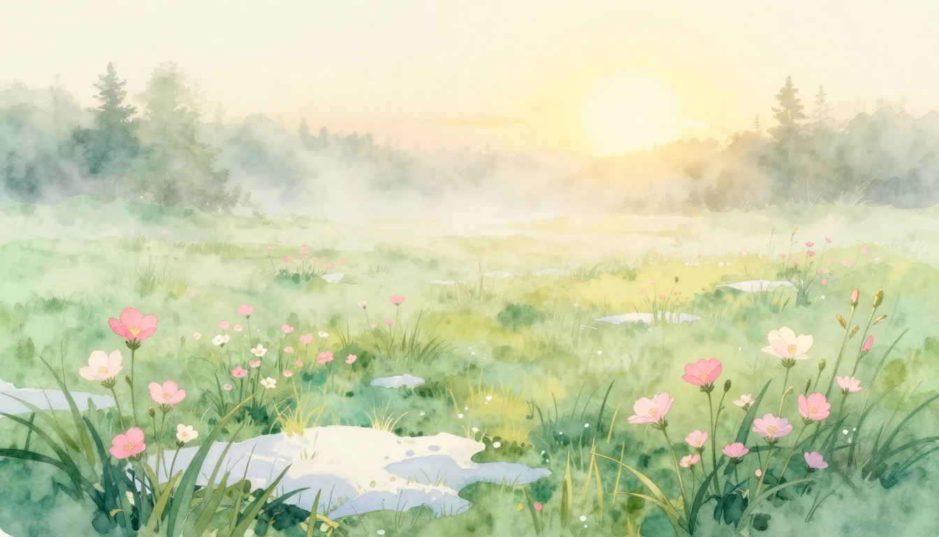 A delicate watercolor painting of a lush meadow at dawn. Sof...