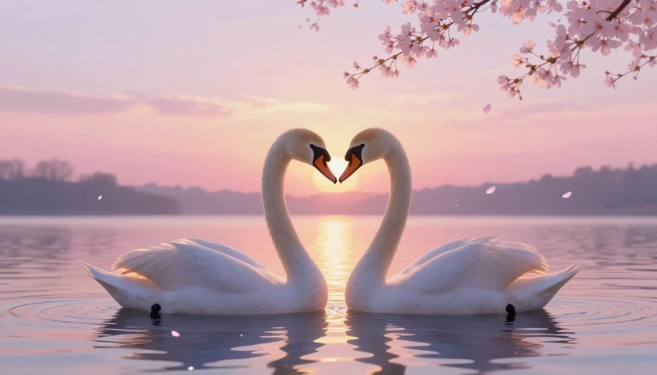 A dreamy and romantic scene featuring two silhouettes of swa...