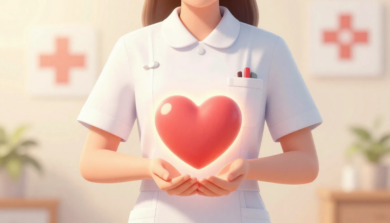 A heartwarming illustration of a gentle nurse in a neat whit...