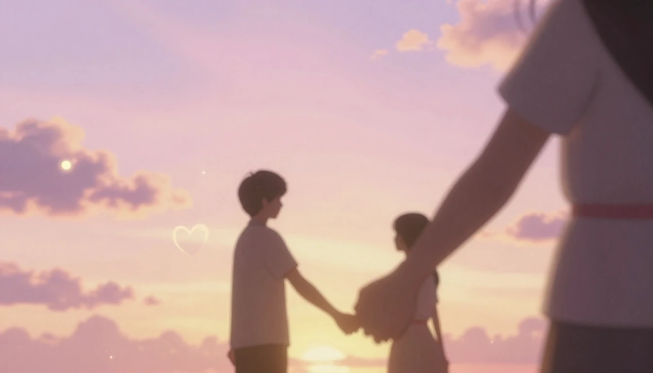 A romantic and dreamy illustration featuring two silhouettes...