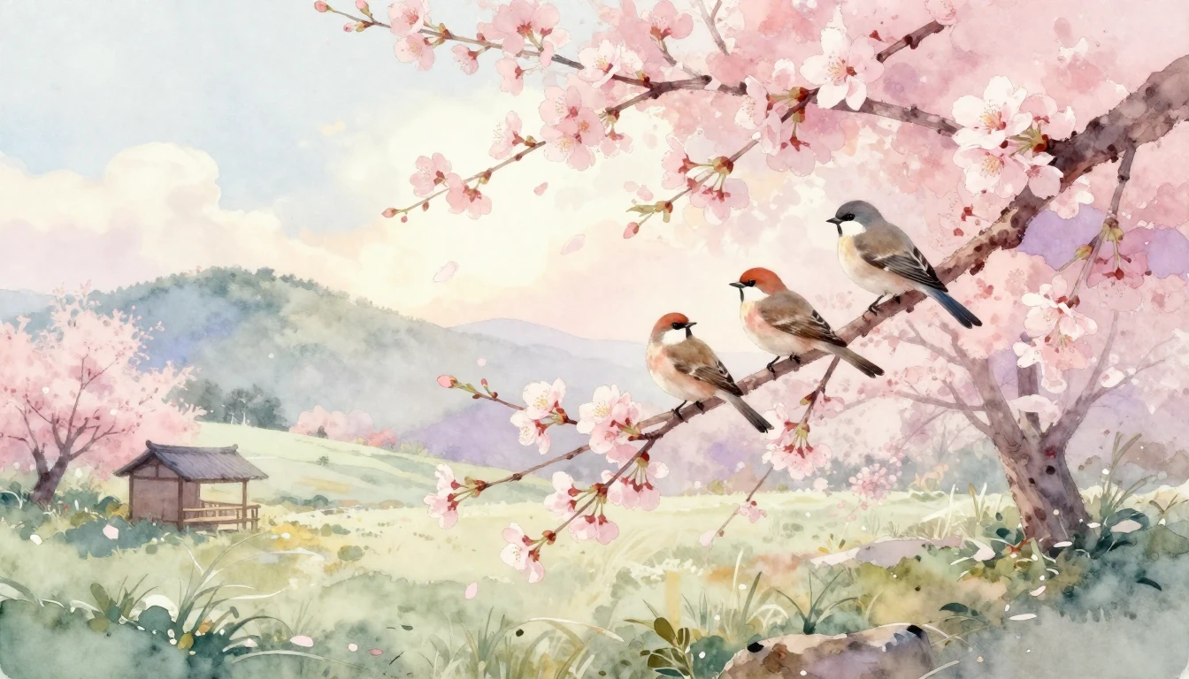 A delicate watercolor painting of a serene landscape in earl...