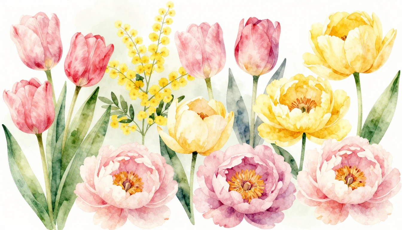 A beautiful and vibrant watercolor painting of various sprin...