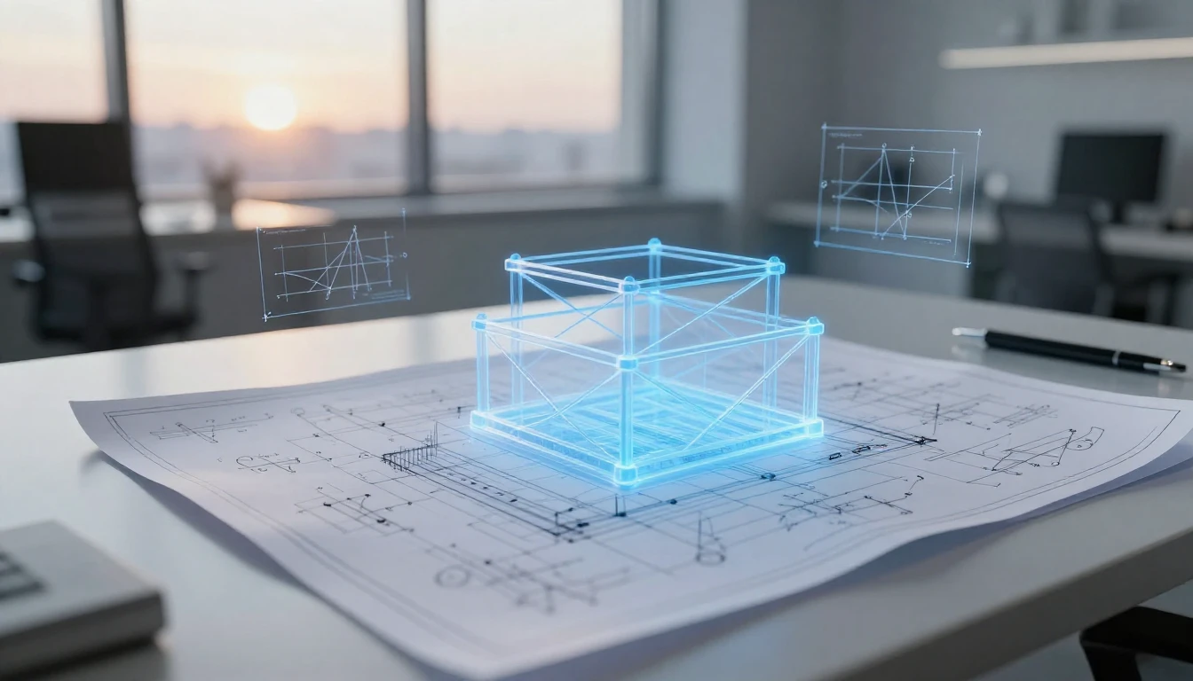 A high-angle view of a clean, modern workspace. A translucen...