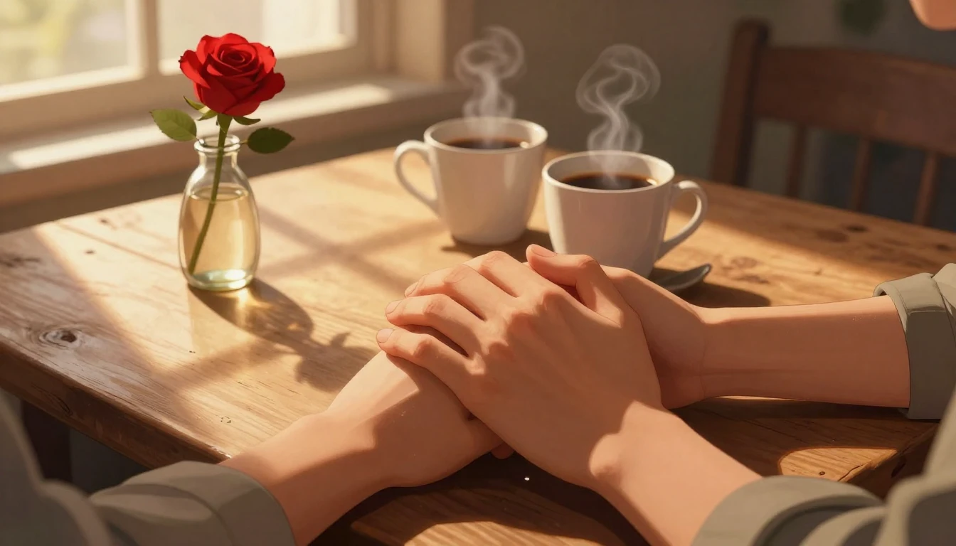 A warm and romantic close-up illustration of two hands holdi...