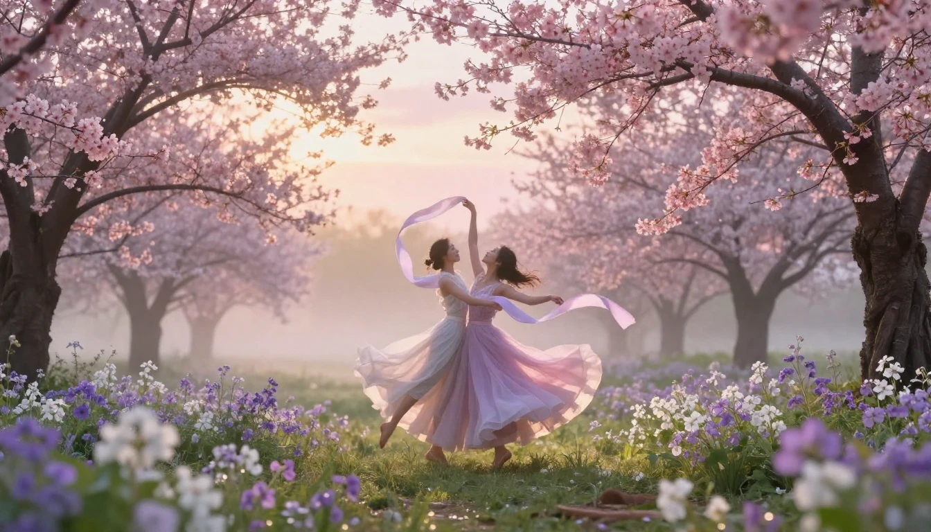 A breathtaking landscape of a blooming spring garden at sunr...