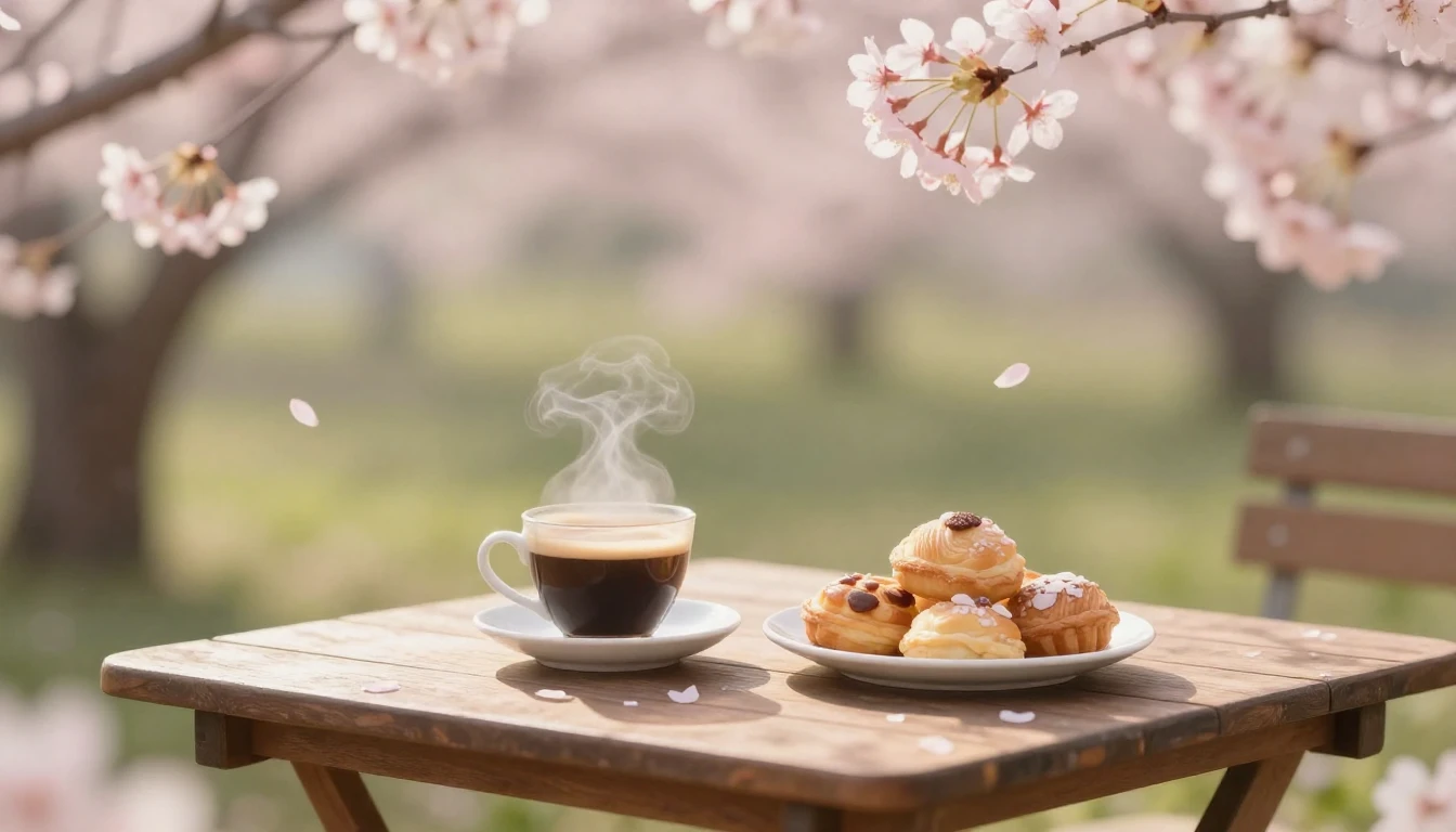 A serene outdoor scene of a wooden table set for a spring fi...