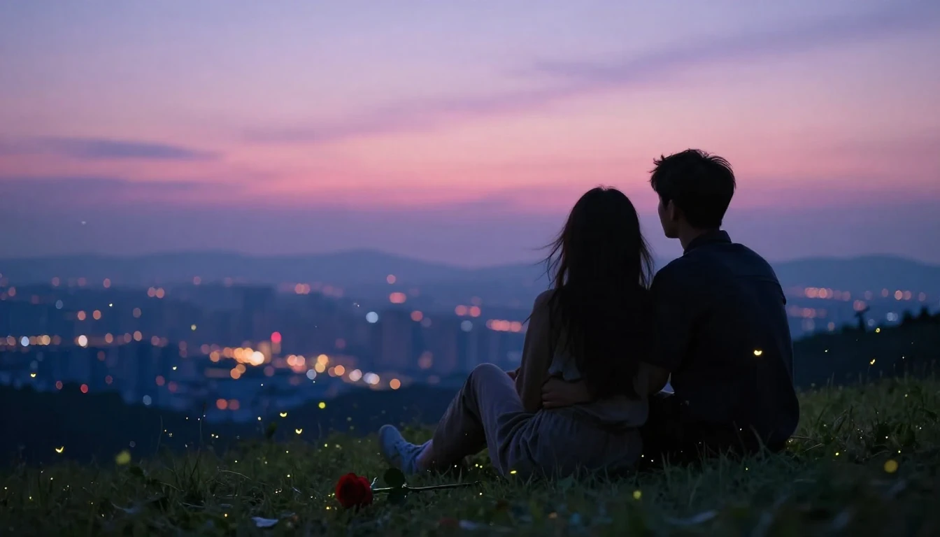 A romantic scene featuring two silhouettes sitting close tog...