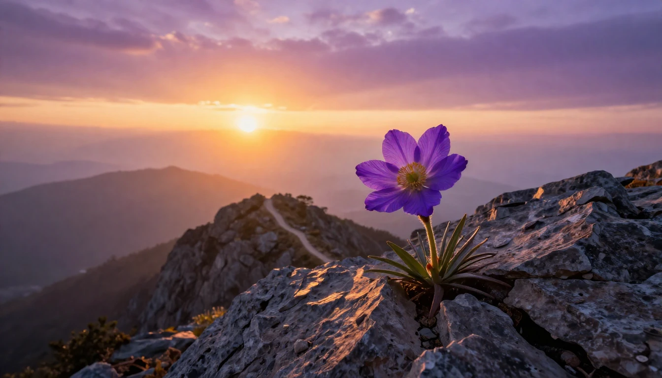 A breathtaking landscape at sunrise, where golden light brea...