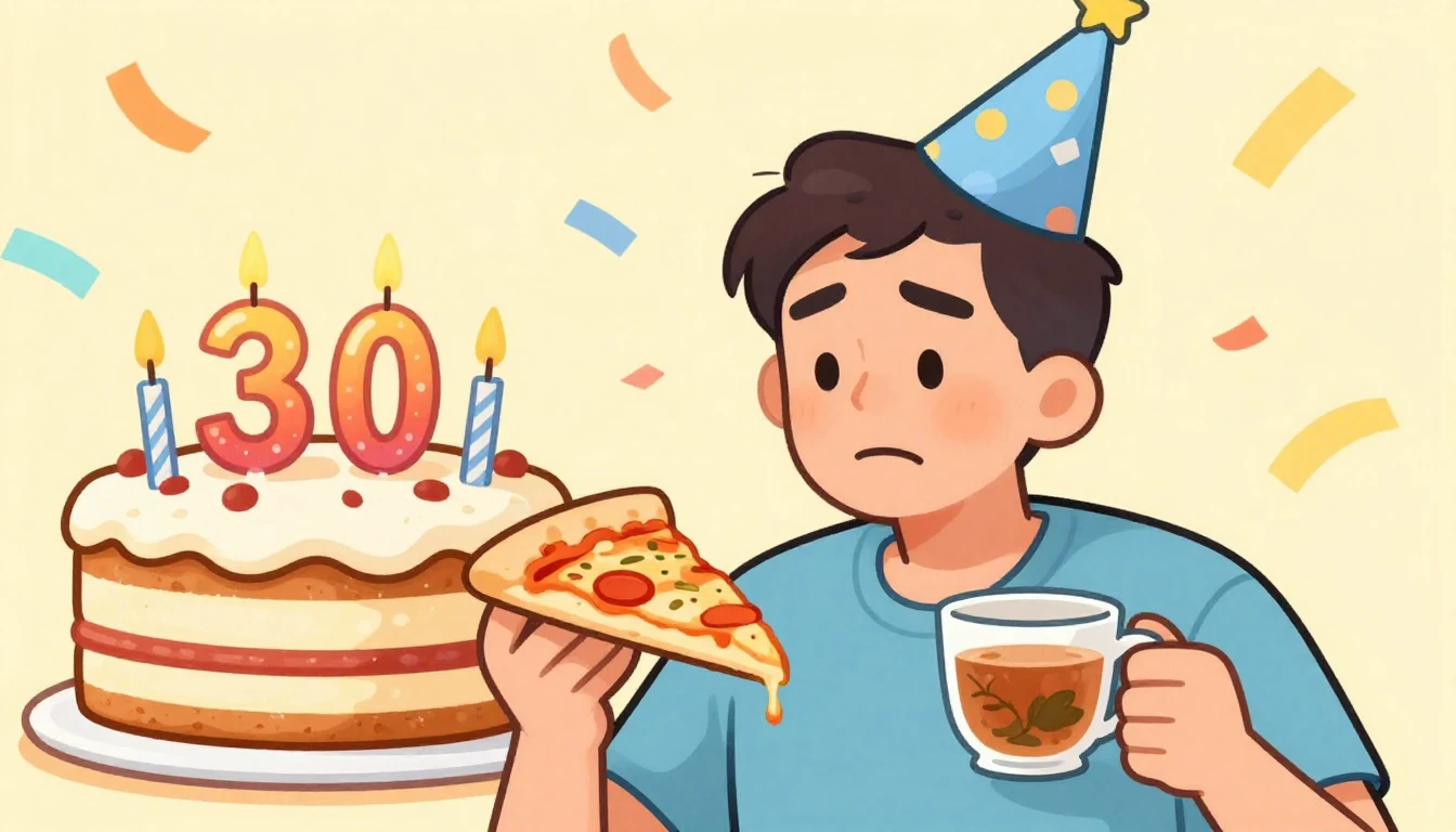 A humorous illustration of a birthday party for a 30-year-ol...