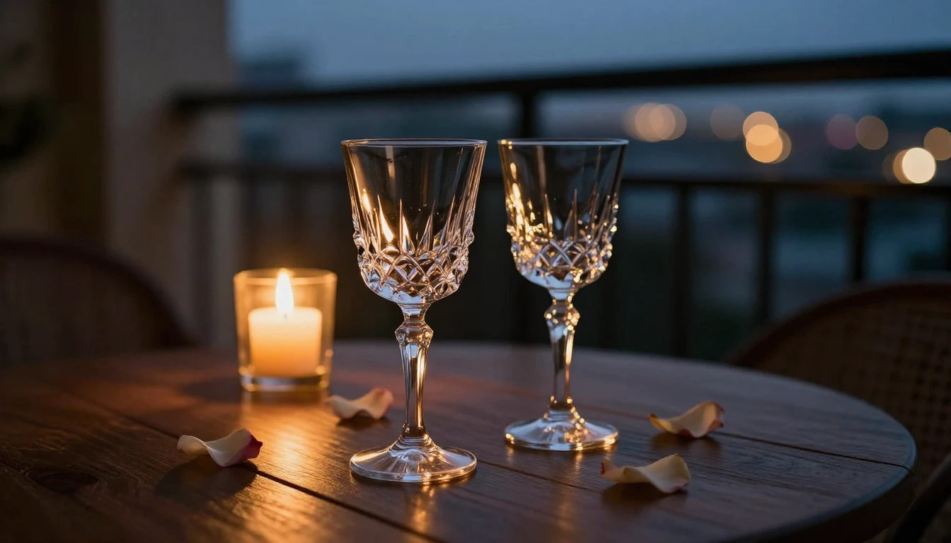 A close-up shot of two elegant crystal glasses on a polished...