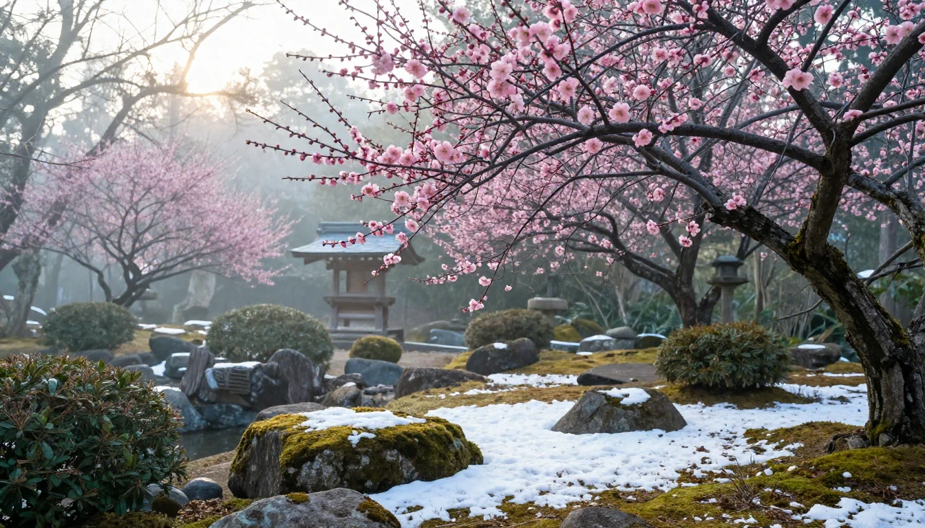 A serene landscape depicting the early arrival of spring in ...