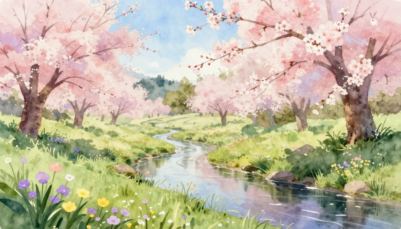 A serene spring landscape painted in soft watercolor. In the...