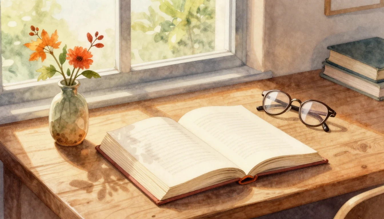 A beautiful watercolor illustration of an open book on a woo...