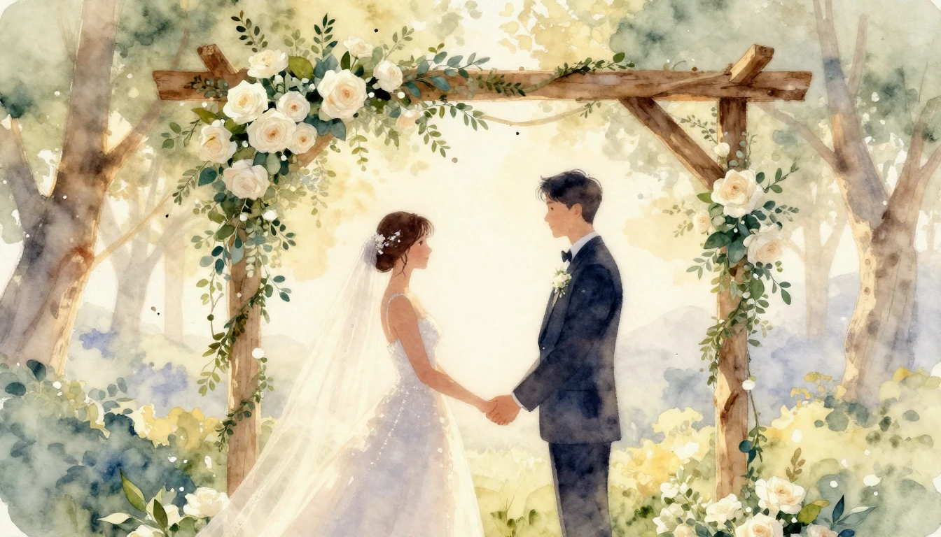 A soft, romantic watercolor painting of a wedding celebratio...