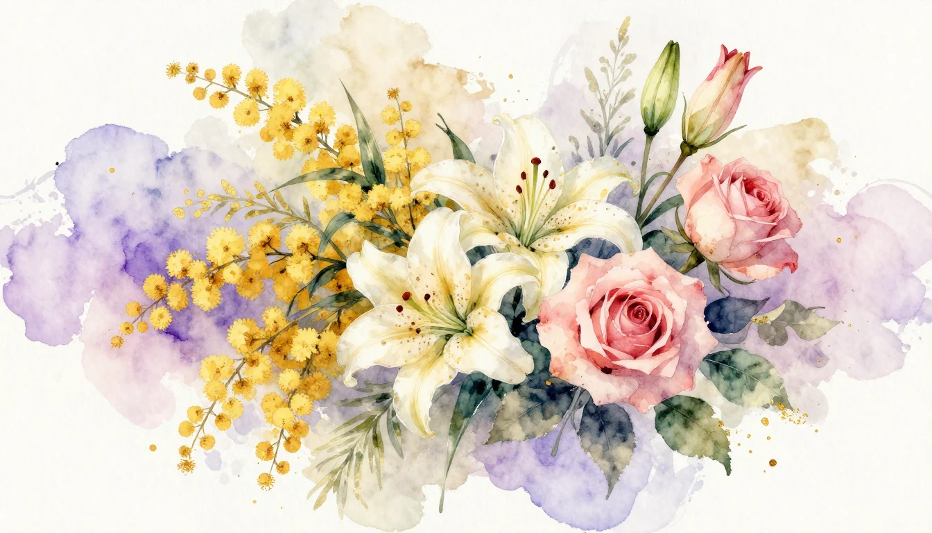 A beautiful watercolor painting featuring a diverse bouquet ...