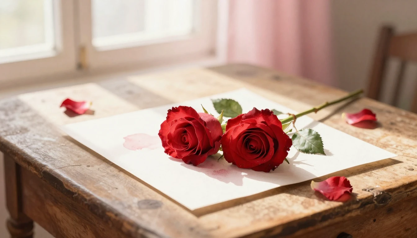 A beautiful watercolor painting of two intertwined red roses...