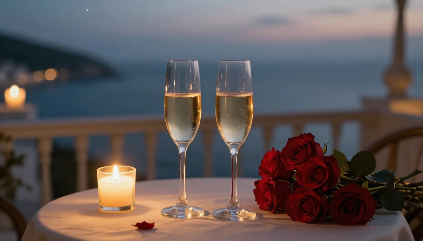 A romantic and elegant scene featuring two champagne glasses...