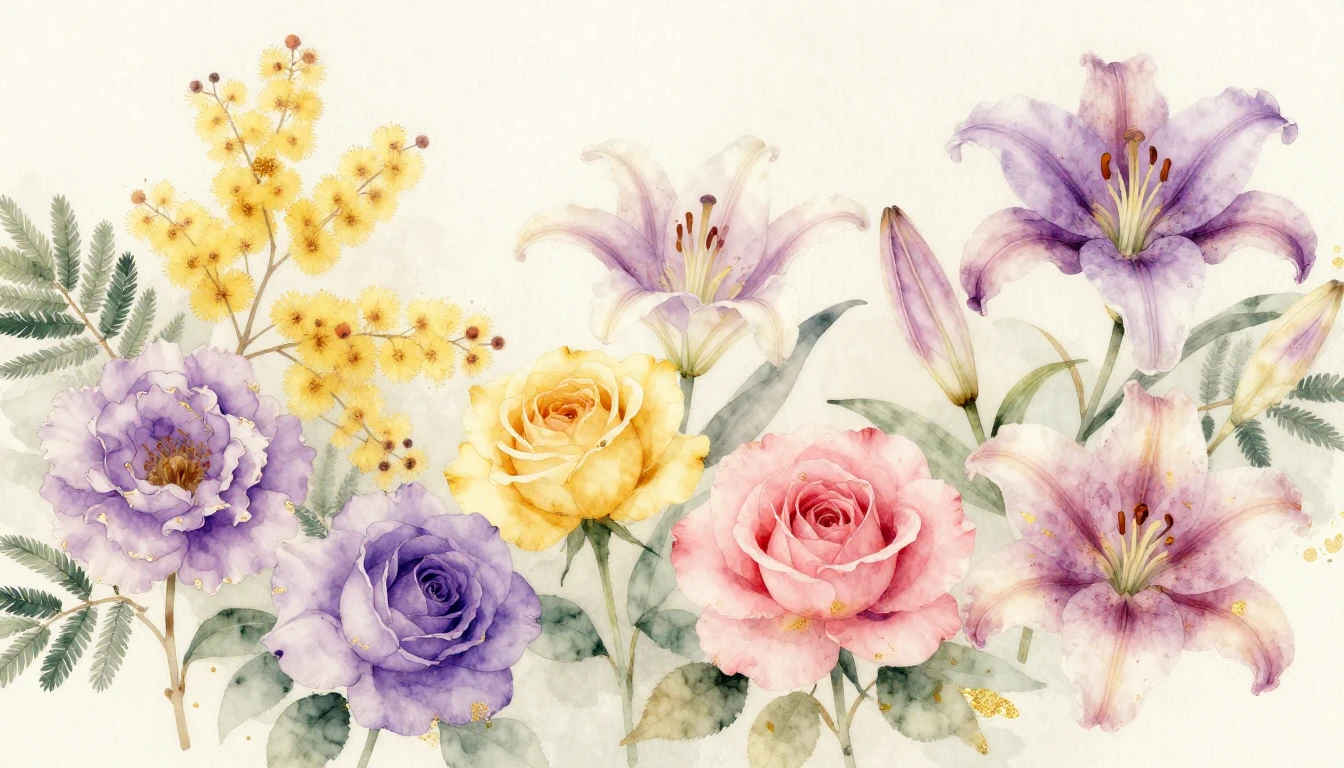 A beautiful watercolor painting featuring a variety of bloom...