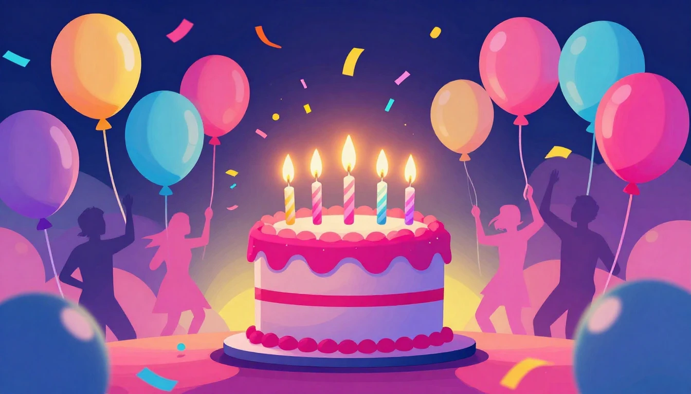 A vibrant digital art illustration of a birthday party scene...