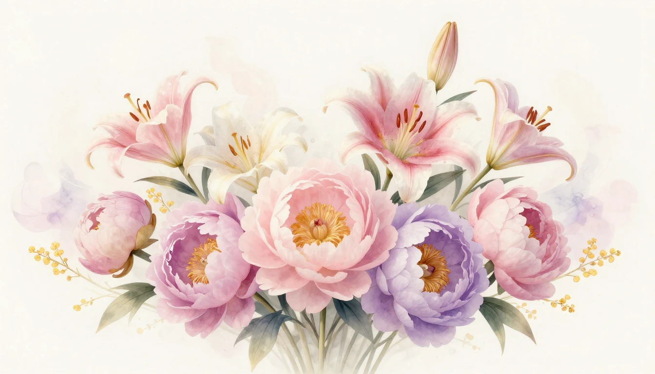 An elegant and soft composition featuring a variety of bloom...