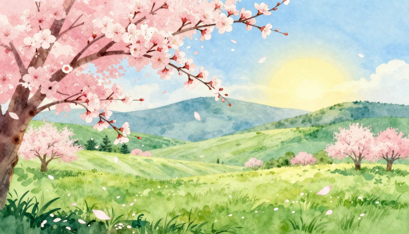 A beautiful watercolor painting of a lush spring landscape. ...