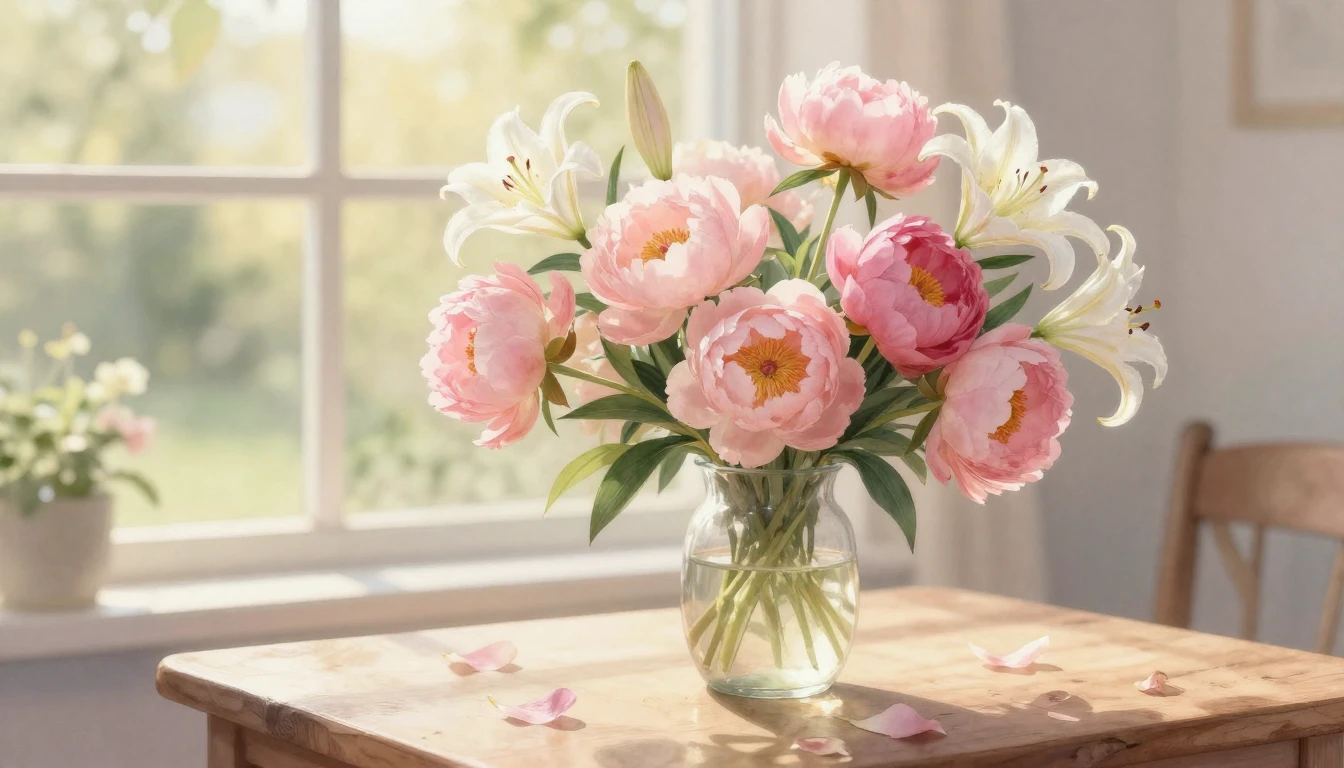 A delicate watercolor painting of a lush bouquet of pink peo...