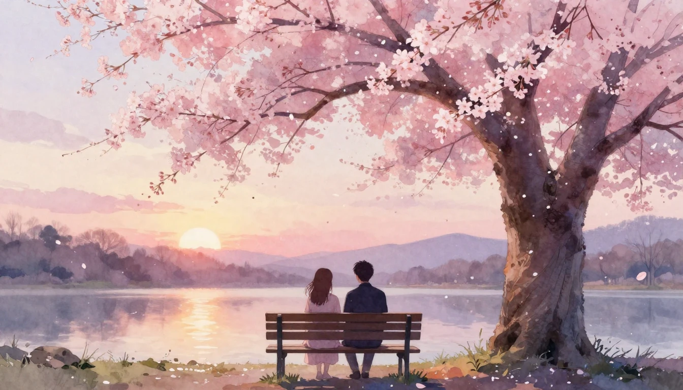 A dreamy and romantic scene featuring two silhouettes of peo...