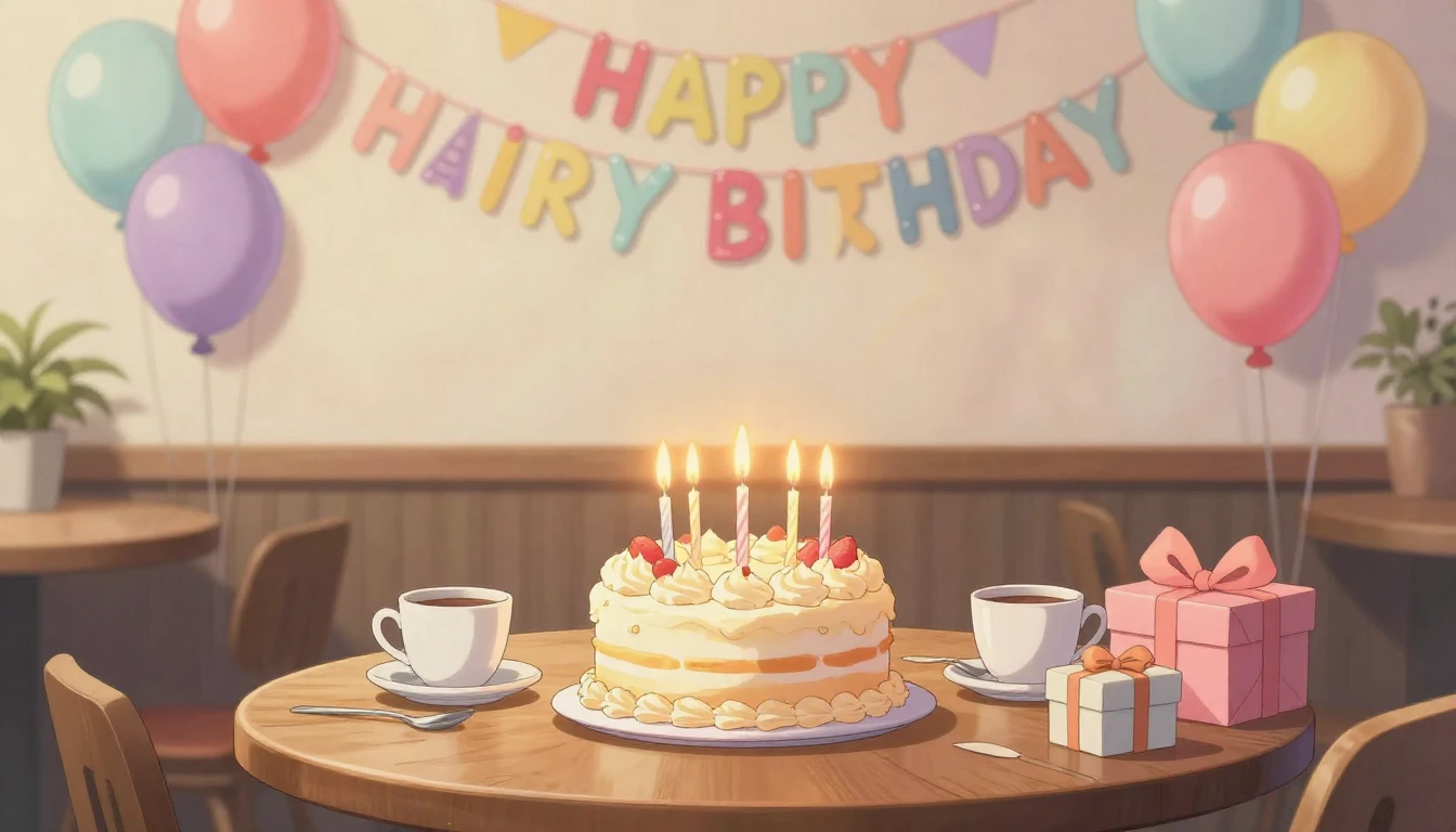 A heartwarming birthday celebration scene in a cozy cafe, an...