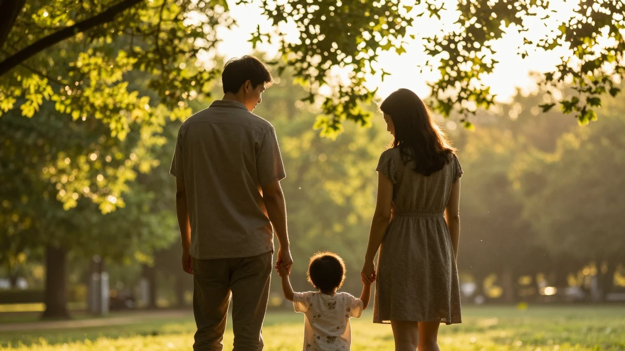 A warm, heartwarming scene of two adult silhouettes, a fathe...