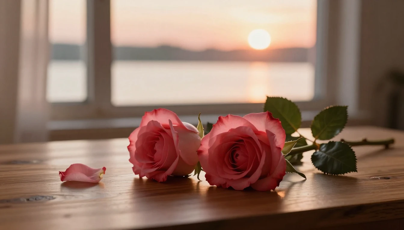 A beautiful and ethereal scene featuring two delicate red ro...