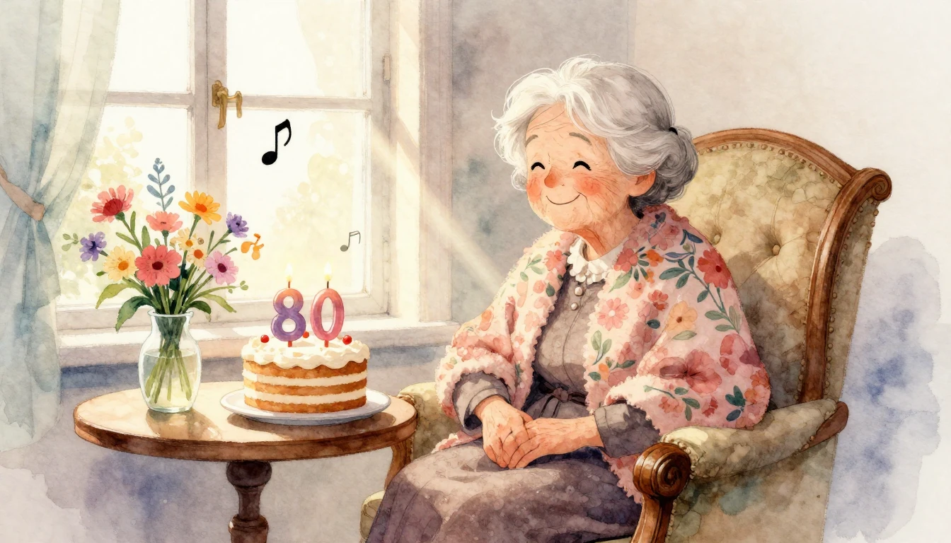 A heartwarming watercolor illustration of a sweet 80-year-ol...
