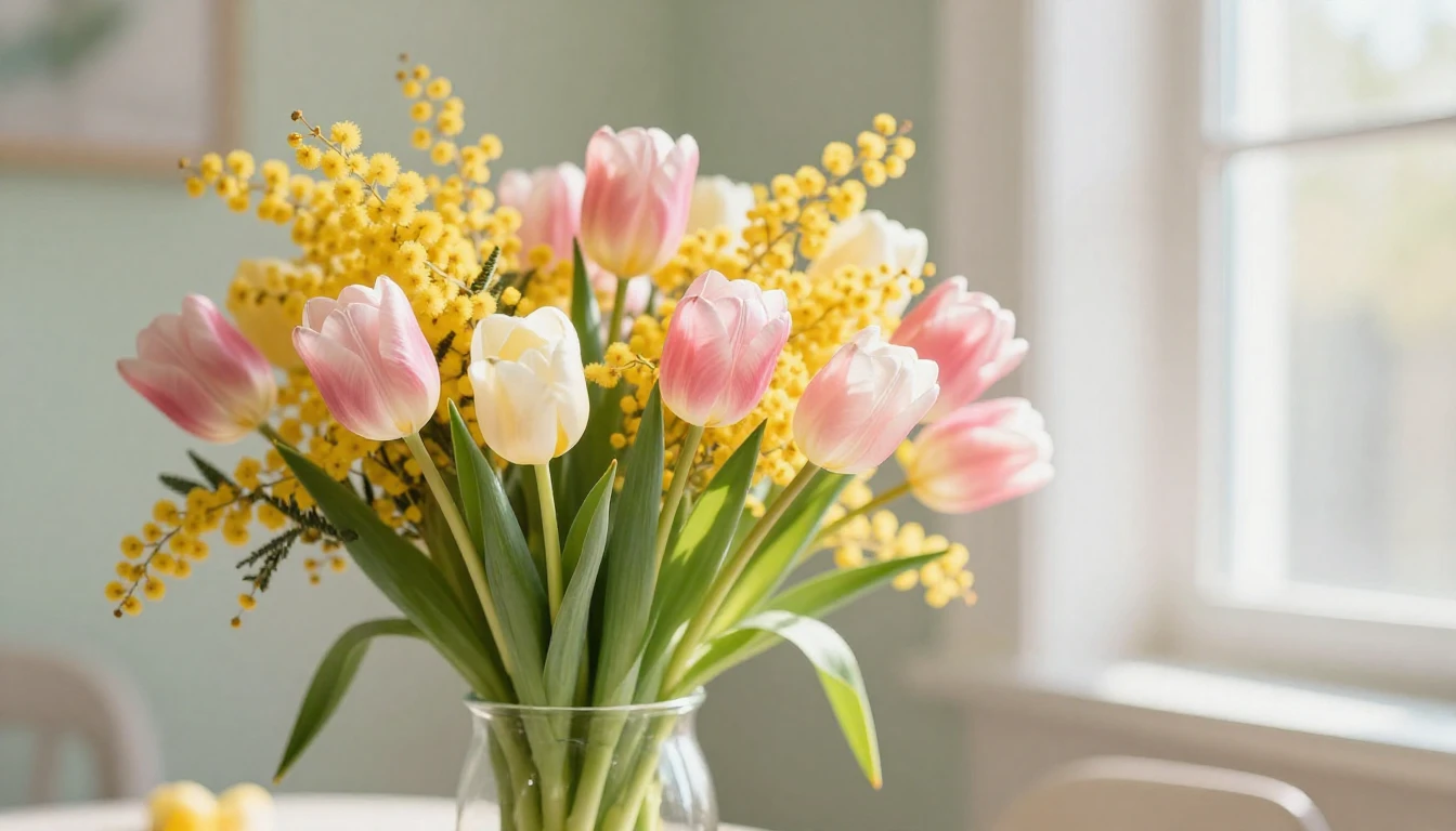 A vibrant and elegant spring scene featuring a lush bouquet ...
