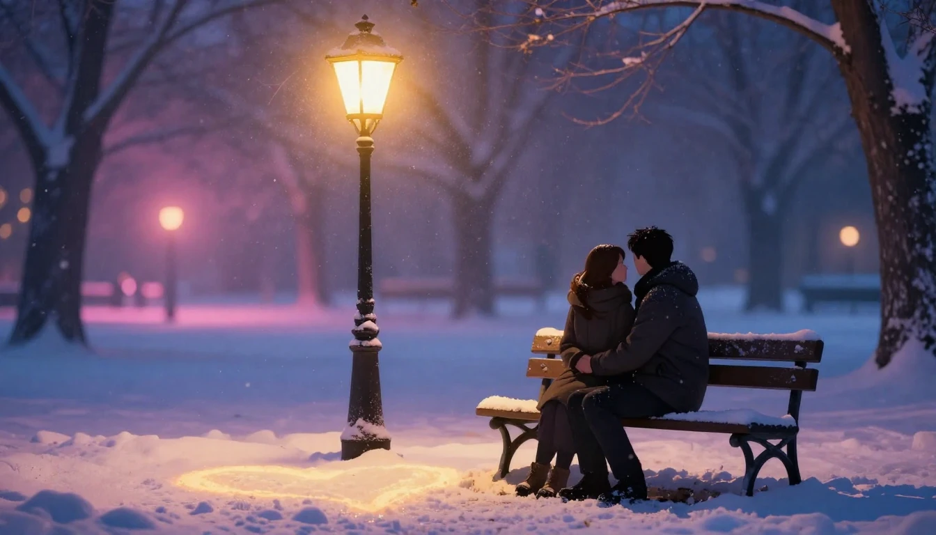 A romantic, soft composition featuring two silhouettes of pe...