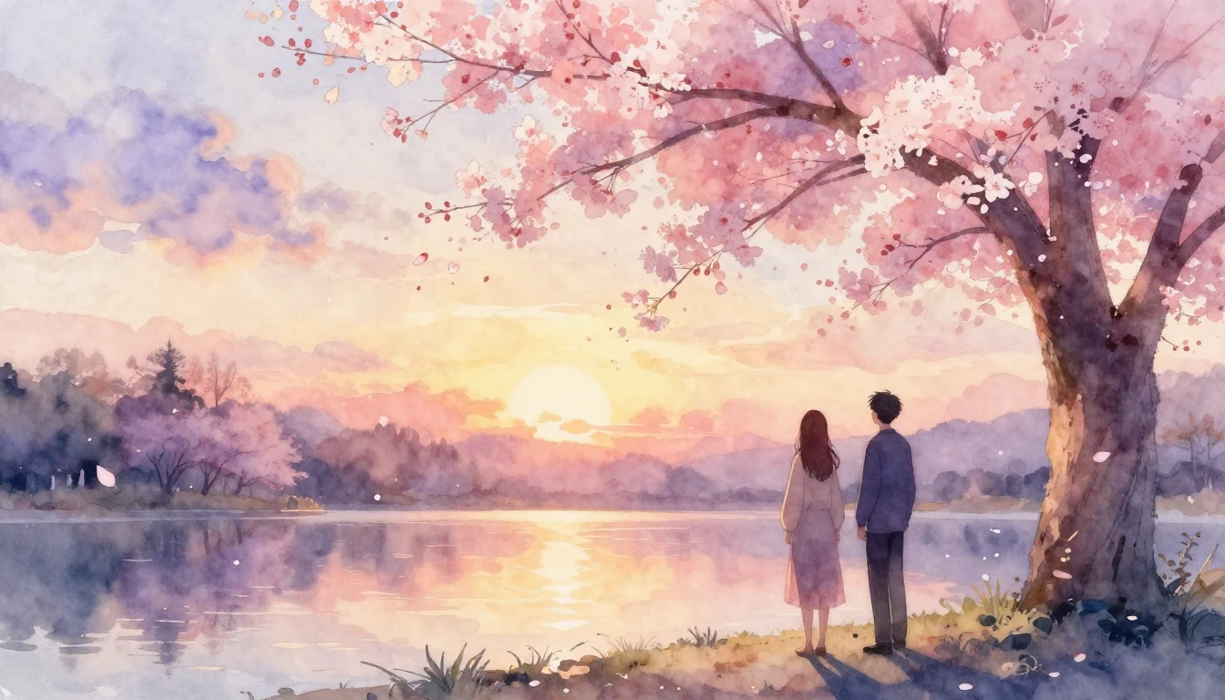 A dreamy watercolor painting of two silhouettes standing und...